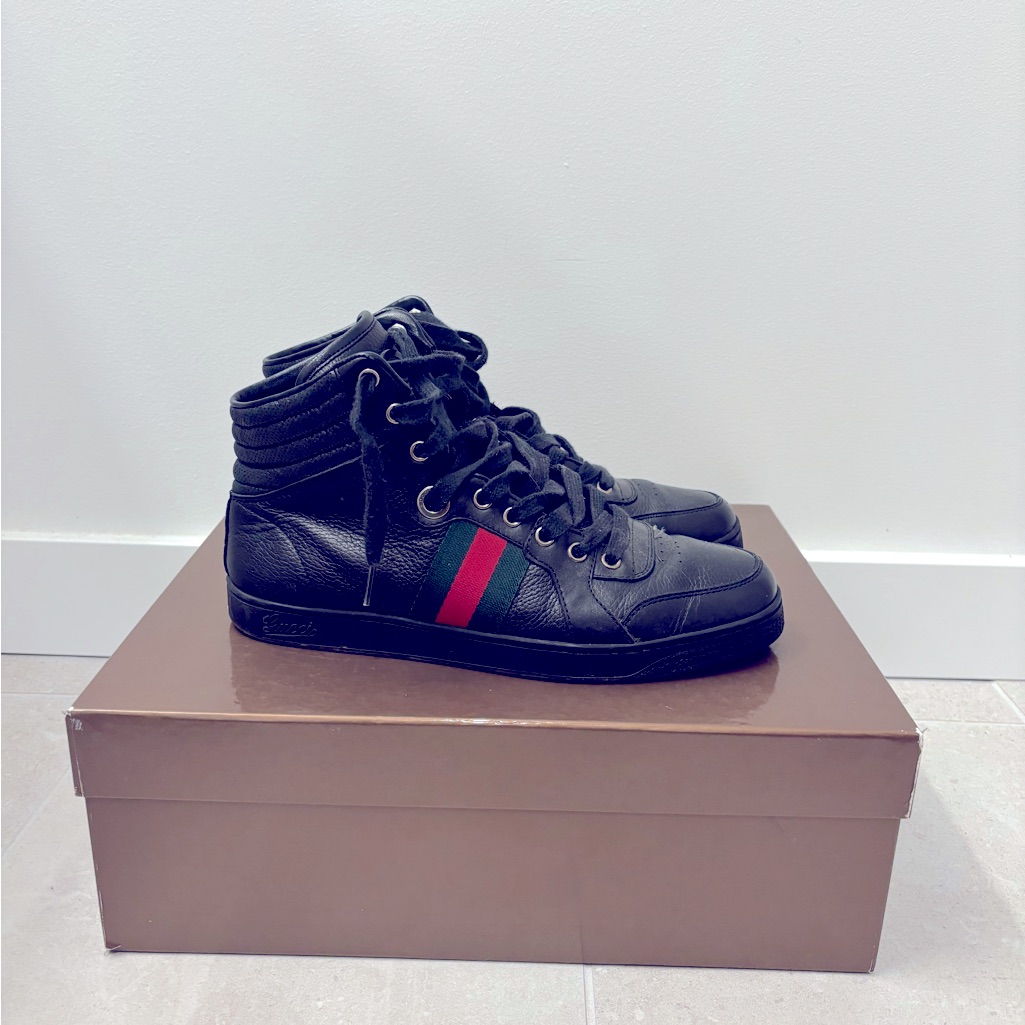 Gucci “Coda” Interlocking G High Top Black Sneakers With Box